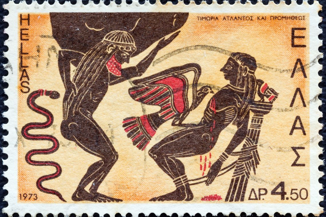 Greek stamp shows Atlas and Prometheus punished by Zeus 1973 Credits Lefteris Canva